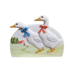 Otagiri Napkin Holder Ducks and Cottage Scene Ceramic  Double Sided 1980s